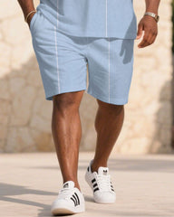 Big & Tall Men's Summer Blue Business Small Label Printed Polo Short Sleeve Shirt Shorts Suit