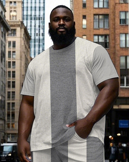 Men's Big Size Fashion Vertical Splicing Color Block Letter POLO Printed Short Sleeve T-shirt Pants Set