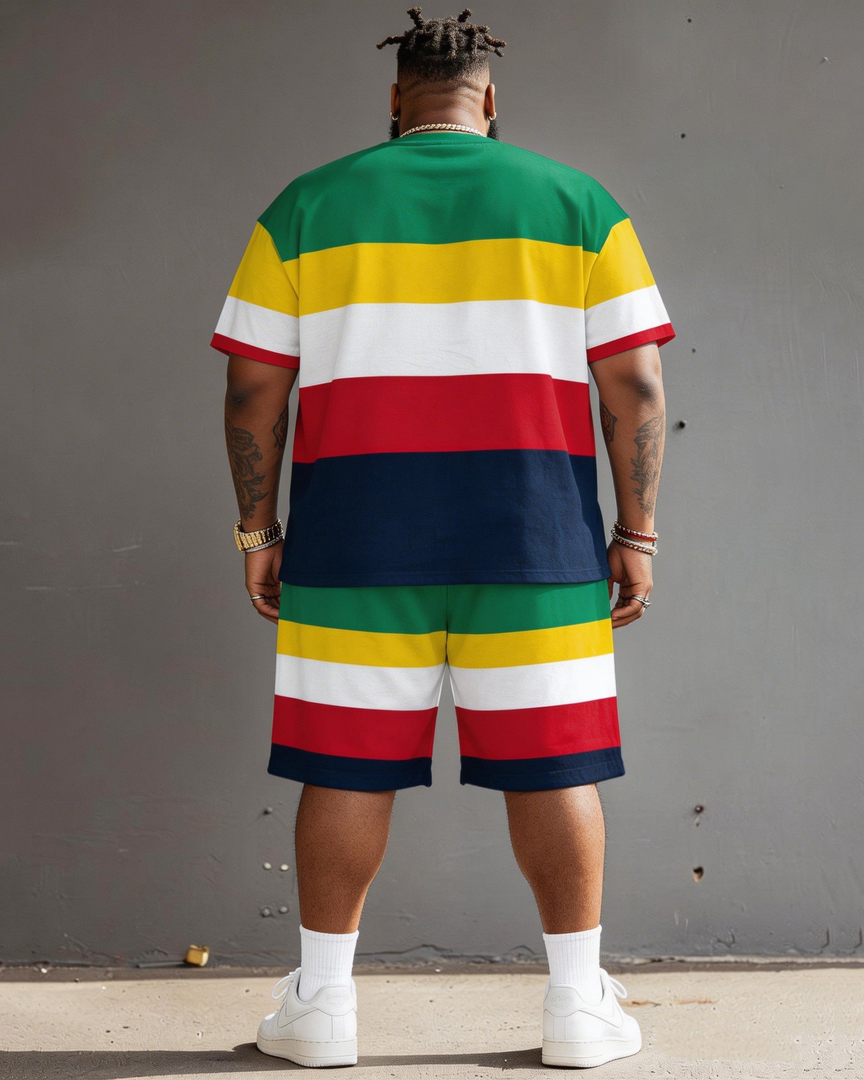 Big Guy's Polo Color Stripes T-Shirt Shorts Set