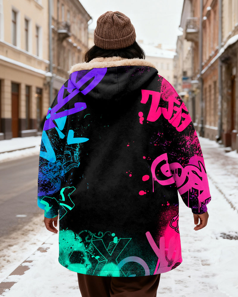 Neon Contrast Graffiti Print Velvet Thickened Long Hooded Exterior