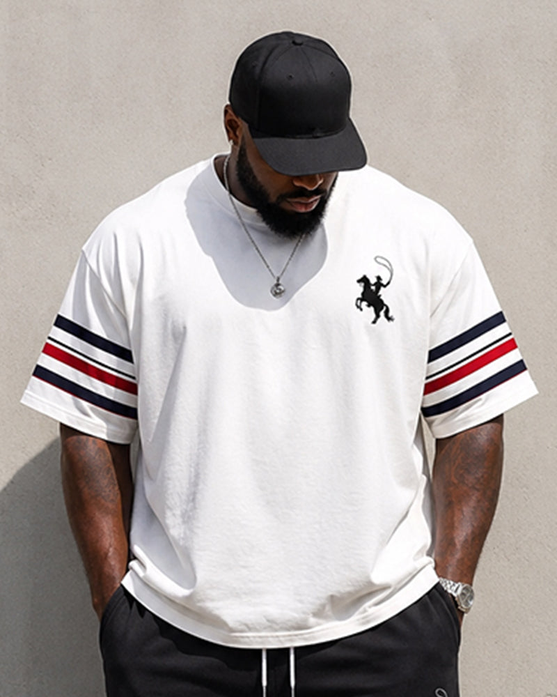 Big & Tall Men's White Red Blue Stripe Polo Print Round Neck Short Sleeve T-Shirt Shorts Set