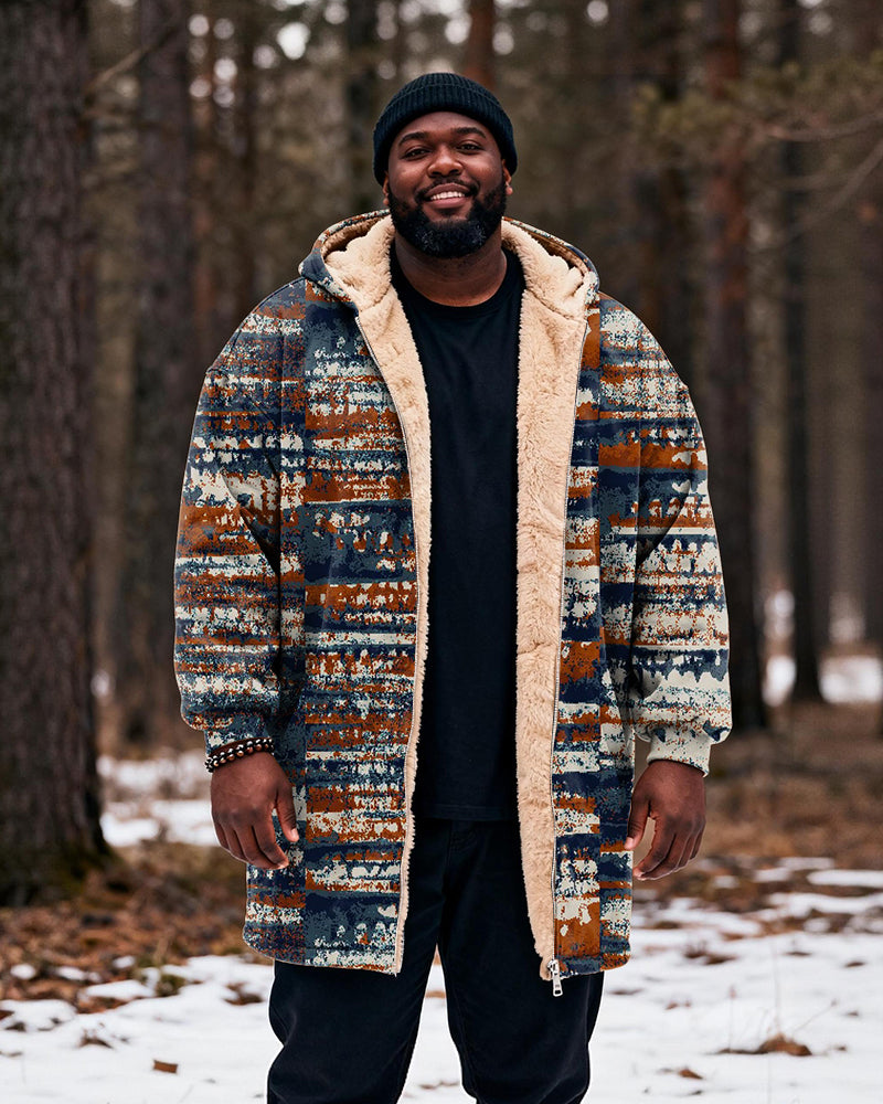 Big & Tall Men's Vintage Distressed Striped Printed Velvet Padded Long Hooded Coat