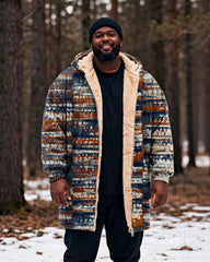 Big & Tall Men's Vintage Distressed Striped Printed Velvet Padded Long Hooded Coat