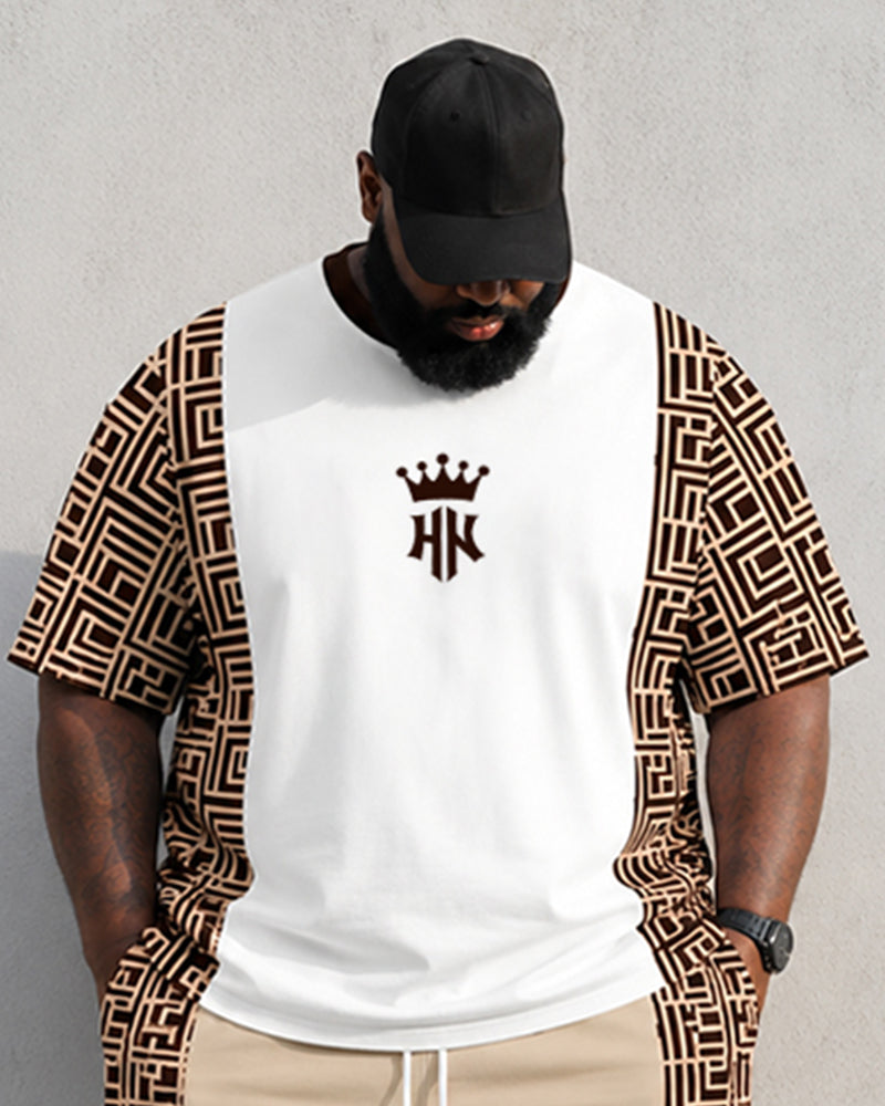 Big & Tall Men's Geometric Stitching Crown Print Round Neck Short Sleeve T-shirt Shorts Set