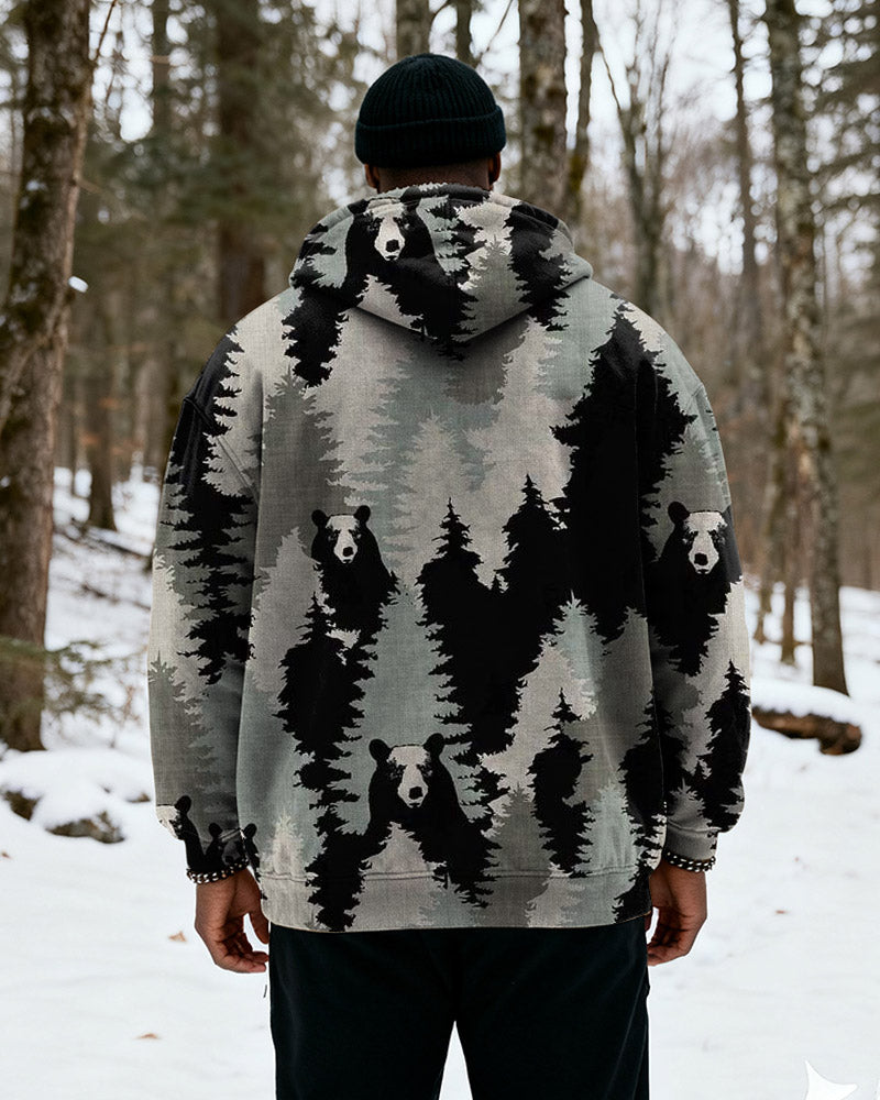 Big & Tall Men's Grey Black Forest Bear Print Velvet Thickened Zip Hoodie