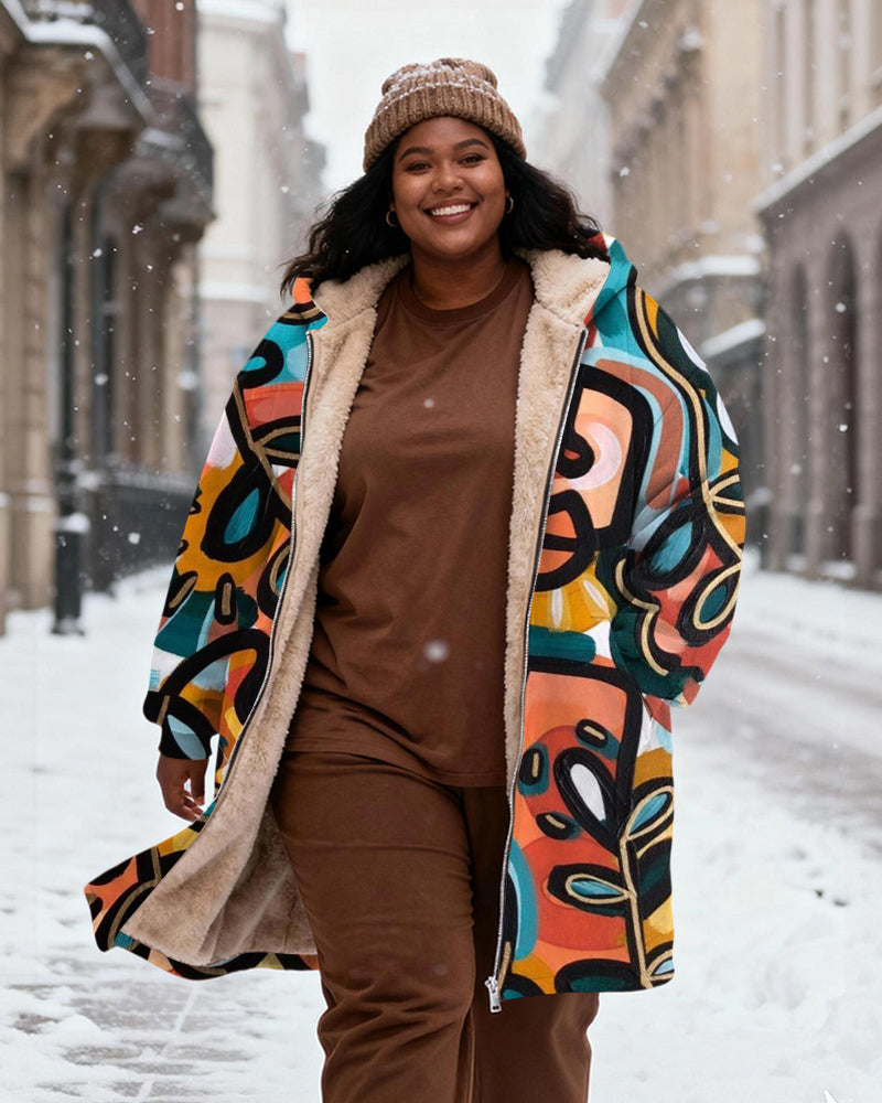 Women's Colorful Abstract Graffiti Print Velvet Thickened Long Hooded Coat