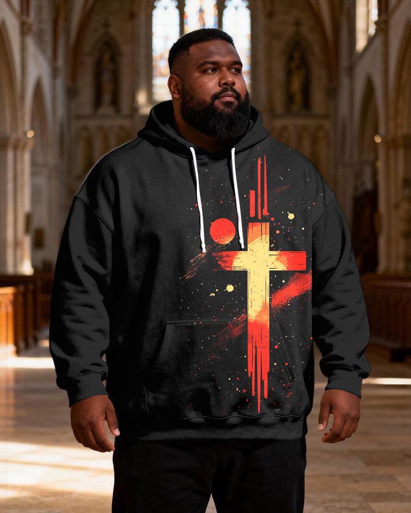 Big & Tall Men's Splash Red Gold Cross Print Hoodie