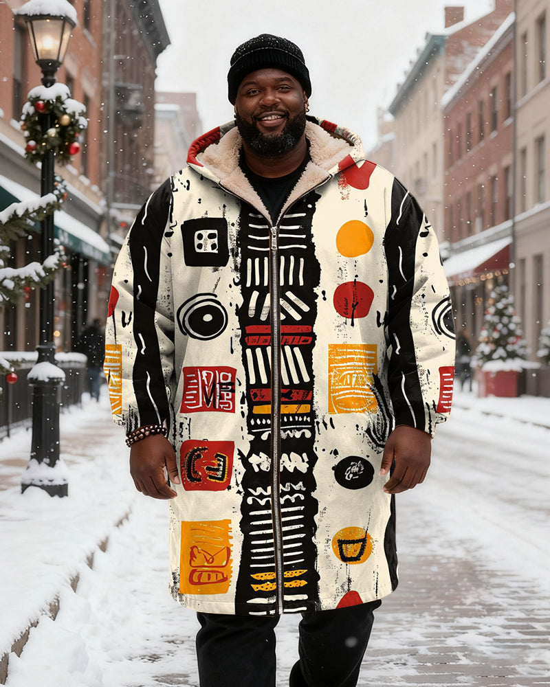 Big & Tall Men's Black, White, Red And Yellow Abstract Geometric Printing Velvet Thickened Long Hooded Coat