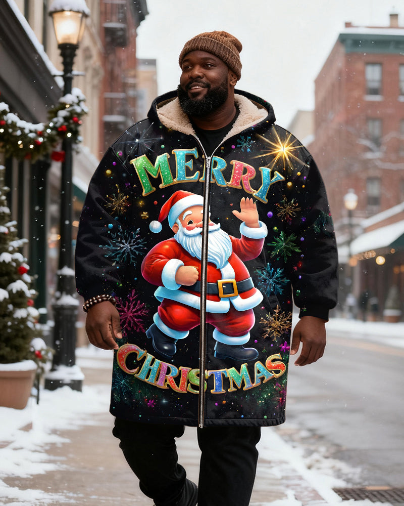 Big & Tall Men's Black MERRY CHRISTMAS Santa Printed Velvet Thickened Long Hooded Coat