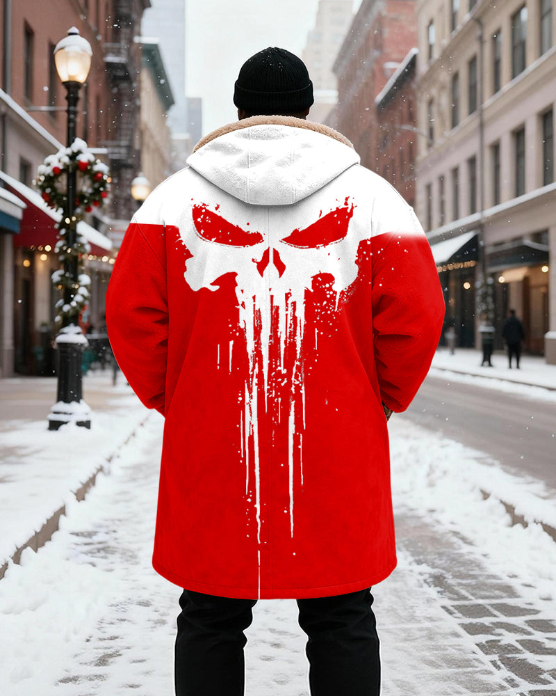 Big & Tall Men's Abstract Skull Print Velvet Thickened Long Hooded Coat