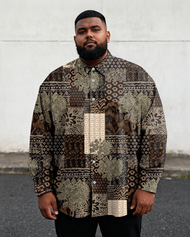 Big & Tall Men's Vintage Brown Geometric Floral Print Long Sleeve Shirt