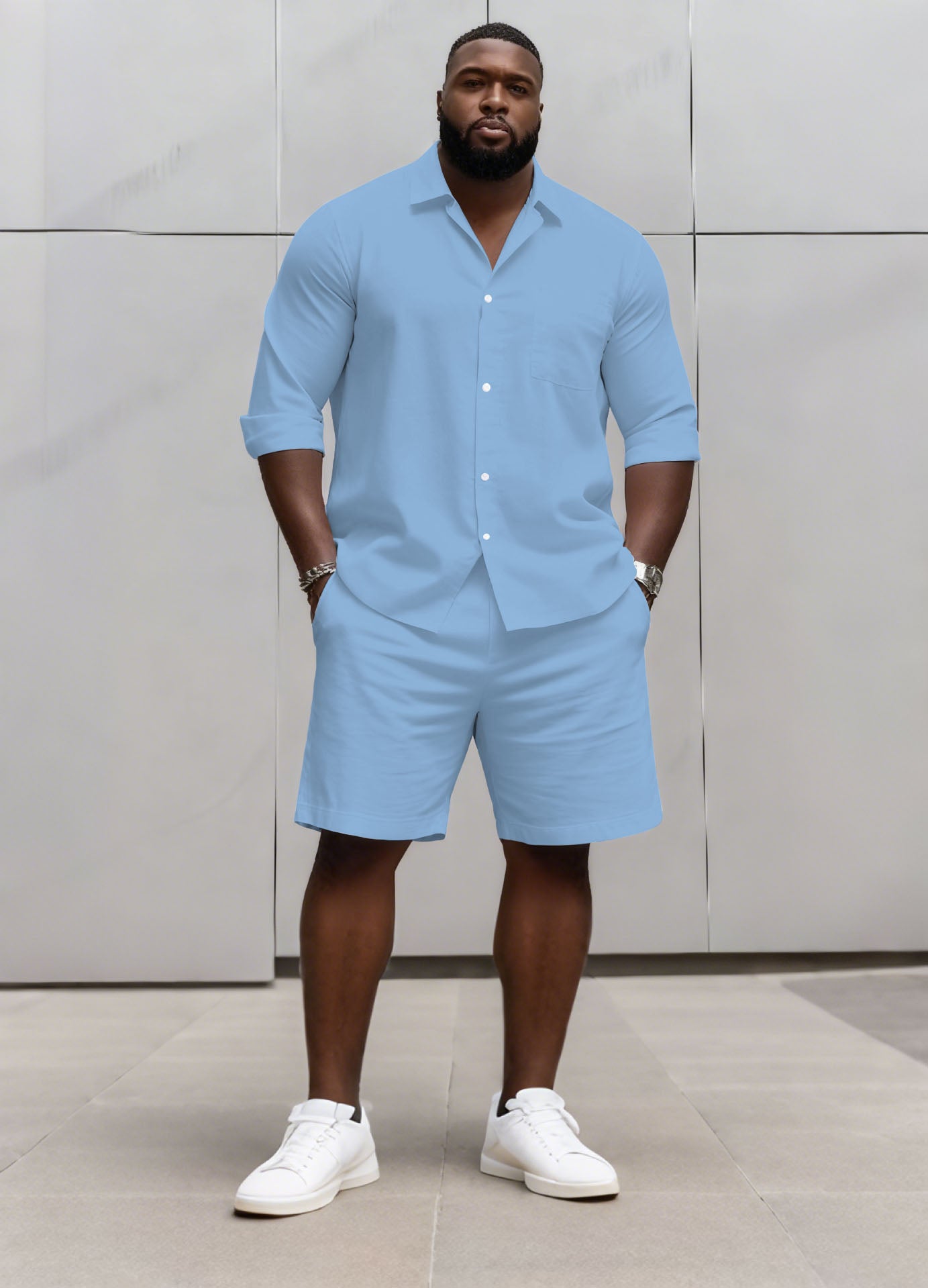 Big & Tall Men's Business Solid Color Long Sleeve Shirt Shorts Set