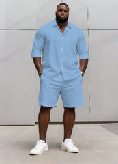 Big & Tall Men's Business Solid Color Long Sleeve Shirt Shorts Set