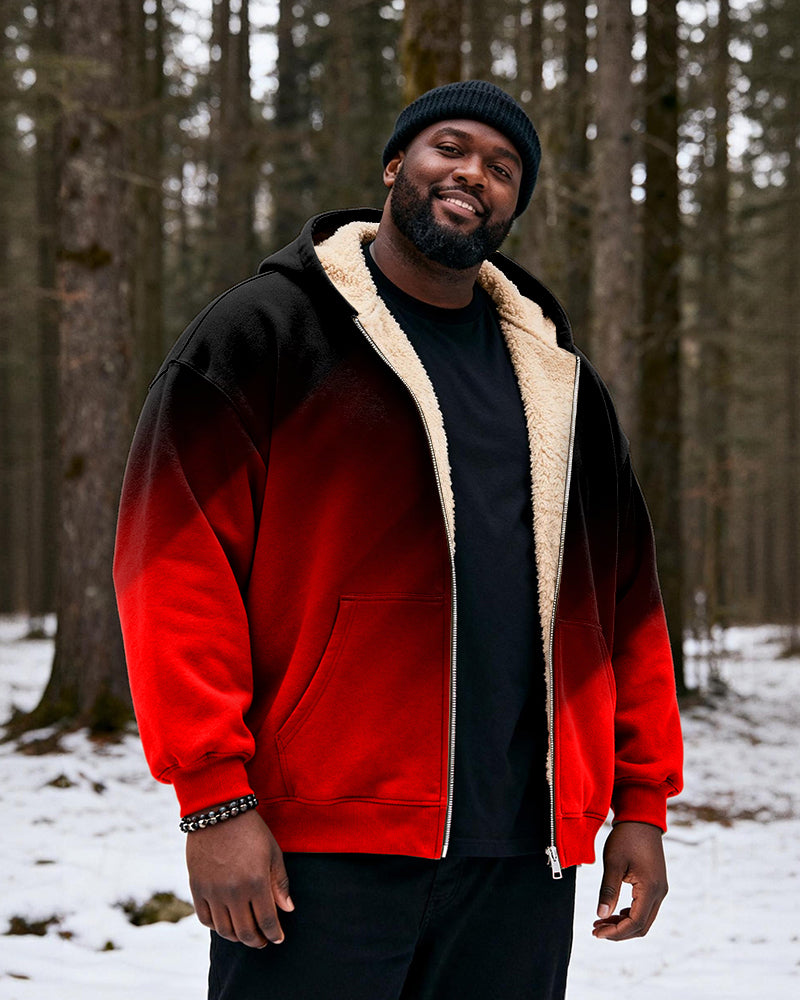 Big & Tall Men's Black And Red Gradient Print Velvet Thickened Zip Cardigan Hoodie
