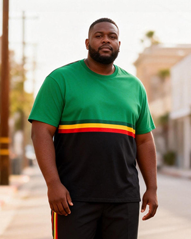 Big & Tall Men's Green And Black Contrast Striped Printed T-Shirt Pants Set