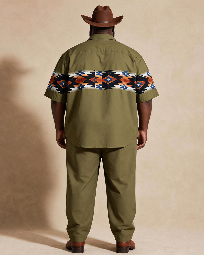 Big & Tall Men's Army Green Navajo Tribe Silhouette Print Short Sleeve Shirt Pants Set