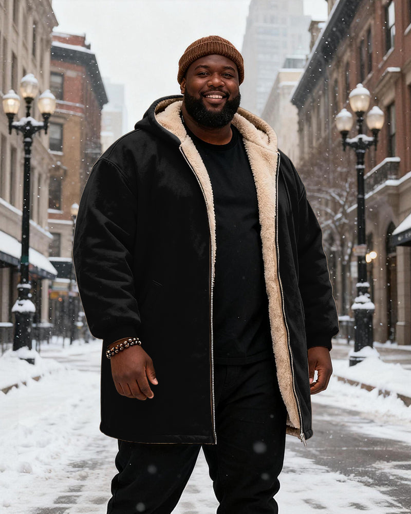 Big & Tall Men's Solid Color Velvet Thickened Long Hooded Coat