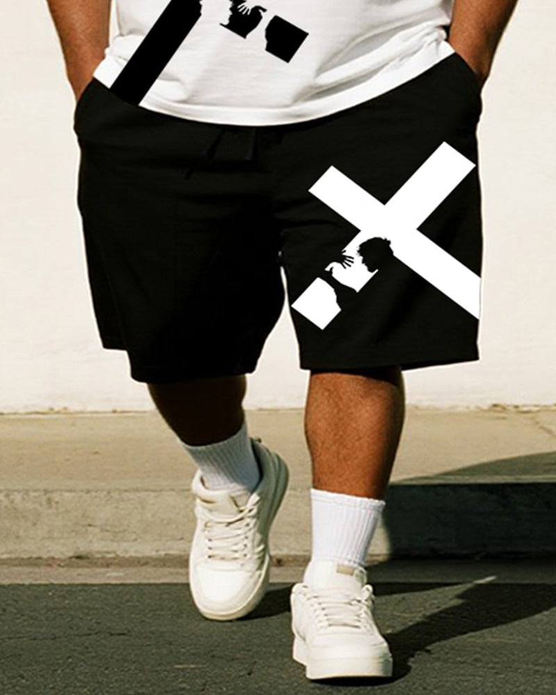 Big & Tall Men's Black And White Simple Cross Print Round Neck Short Sleeve T-Shirt Shorts Suit