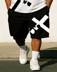 Big & Tall Men's Black And White Simple Cross Print Round Neck Short Sleeve T-Shirt Shorts Suit