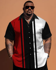 Big Guys Simple Contrast Color Vertical Stripe Short Sleeve Shirt Shorts Set