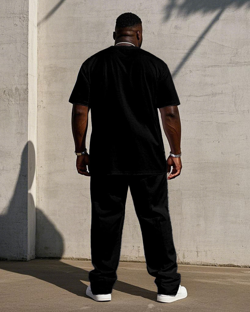Men's Plus Size Casual Classic Black Colorblock Chest Handwritten King Short-sleeved T-shirt Trousers Suit