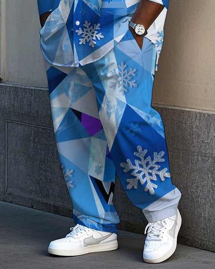 Big and Tall Men's Fashion Cool Bear Snowflake Printed Lapel Long Sleeve Shirt Pants Set