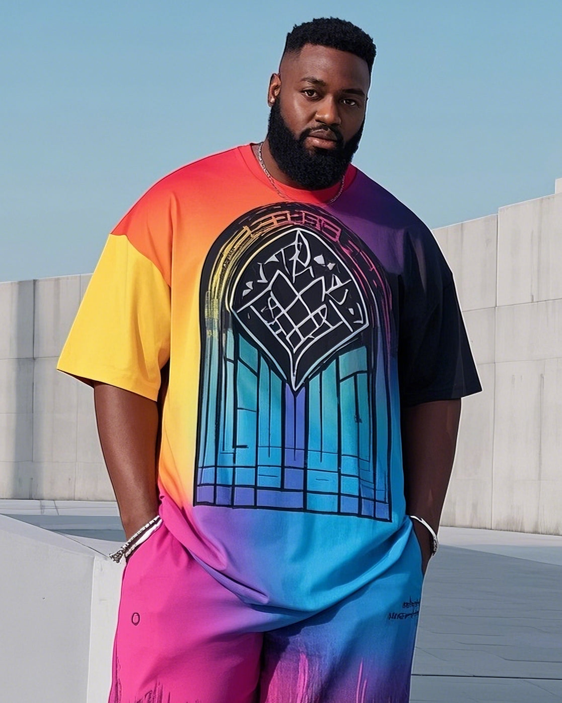 Plus Size 1 L-9L Men's Gradient Episcopal Church Print Casual Short-sleeved T-shirt Pants Suit