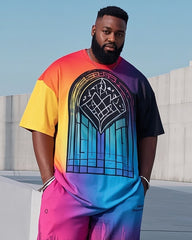 Plus Size 1 L-9L Men's Gradient Episcopal Church Print Casual Short-sleeved T-shirt Pants Suit
