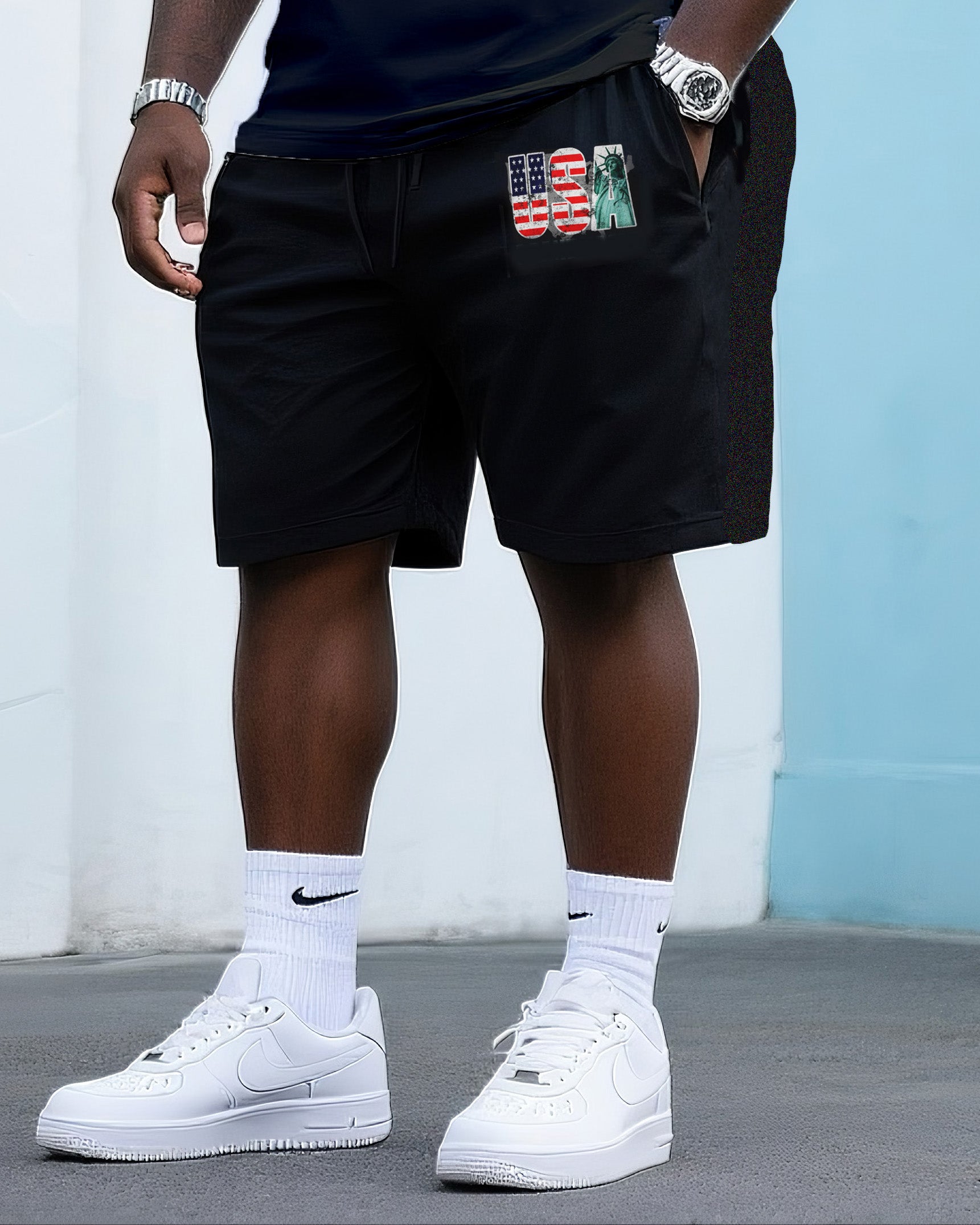 Big & Tall Men's Street Fashion Creative USA Flag Print Independence Day Crewneck T Shirt Shorts Suit
