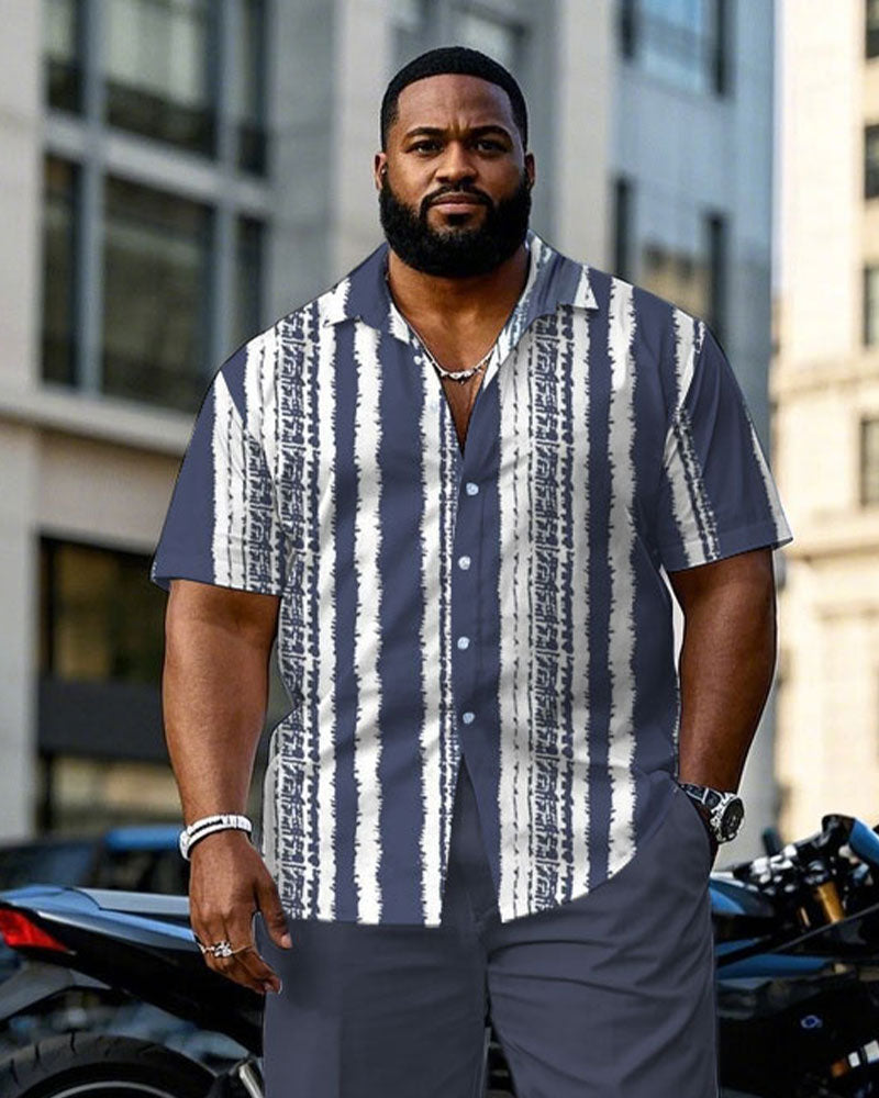 Men's Plus Size Tie Dye Stripe Effect Fog Blue Short Sleeve Shirt Pants Suit