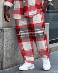 Big Men's Classic Black & Red Plaid Printed Casual Business Long Sleeve Shirt Pants Set