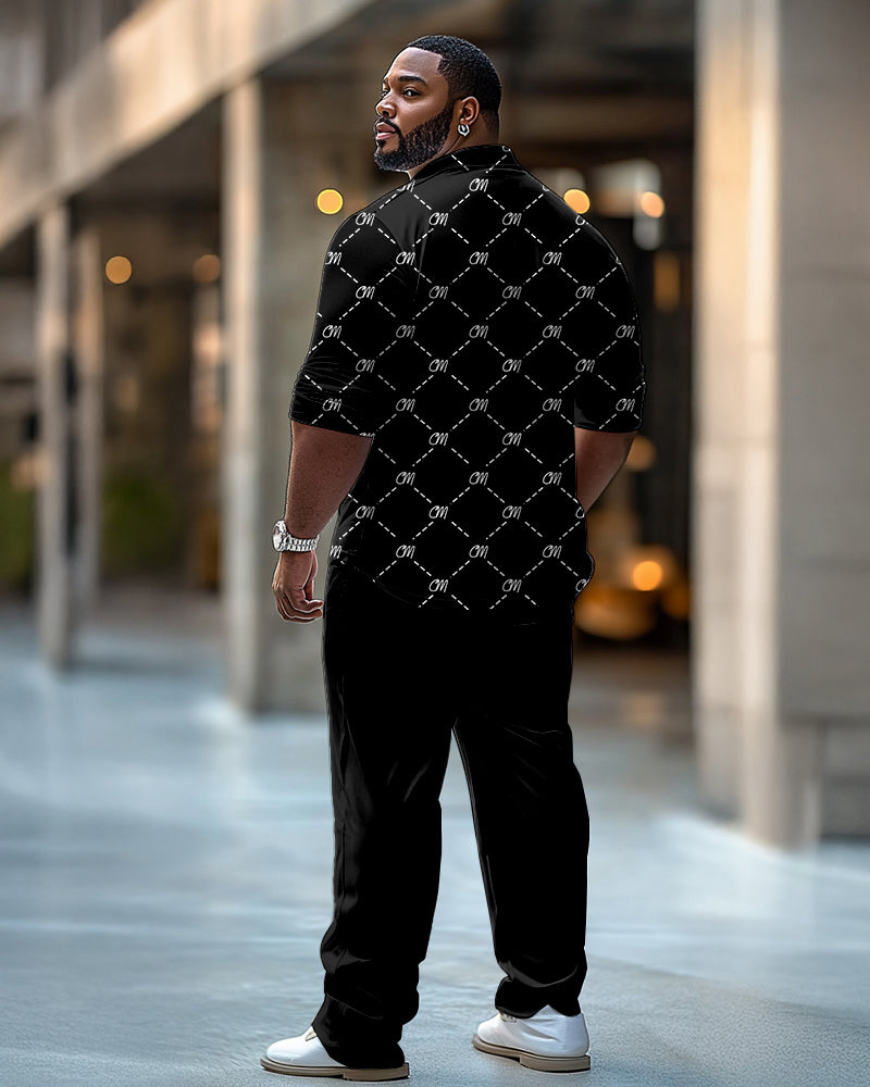 Big & Tall Men's Business Black Letter Dotted Pattern Printed Long Sleeve Shirt Trousers Suit