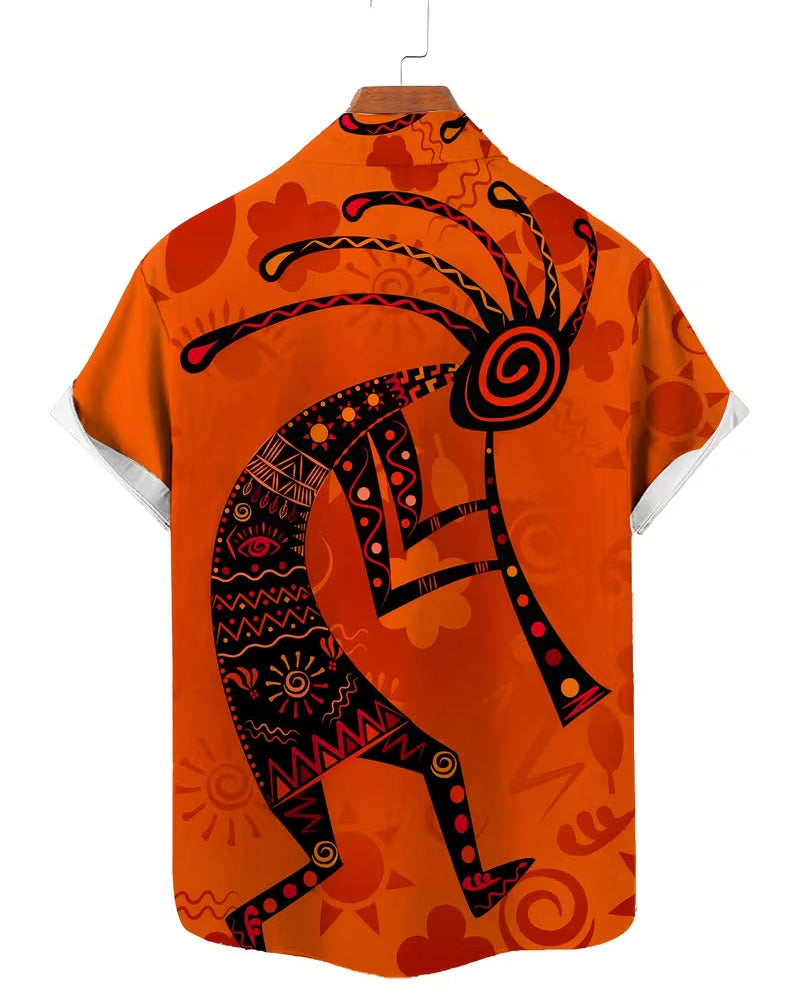 Big & Tall Men's Orange Ethnic Style Figure Printed Short Sleeve Shirt