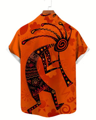 Big & Tall Men's Orange Ethnic Style Figure Printed Short Sleeve Shirt