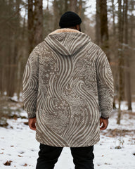 Big & Tall Men's Retro Japanese Wave Pattern Printed Velvet Padded Long Hooded Coat