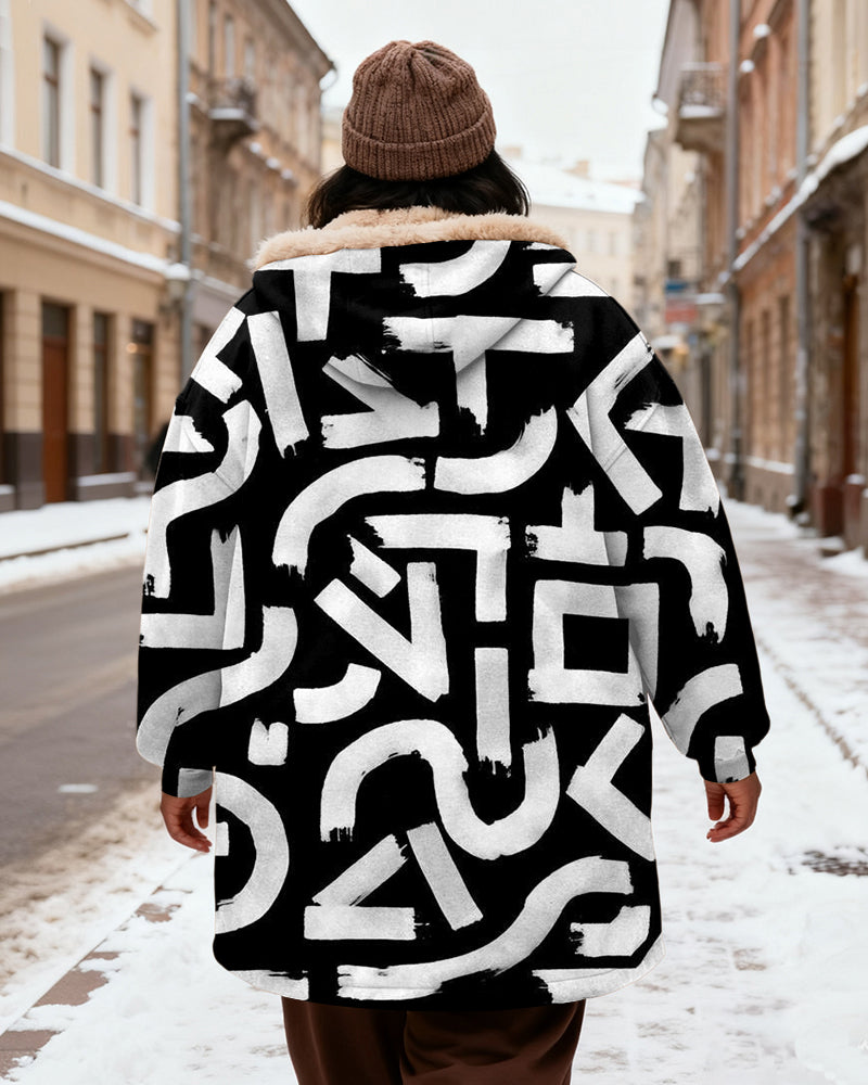 Women's Black And White Geometric Abstract Printed Velvet Thickened Long Hooded Coat