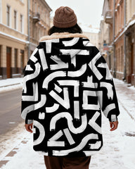 Women's Black And White Geometric Abstract Printed Velvet Thickened Long Hooded Coat