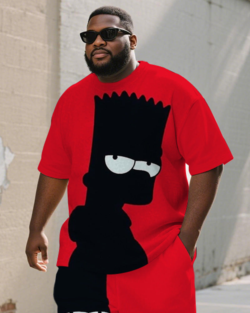 Men's Plus Size Black Red Cartoon Print Short Sleeve T-shirt Shorts Suit