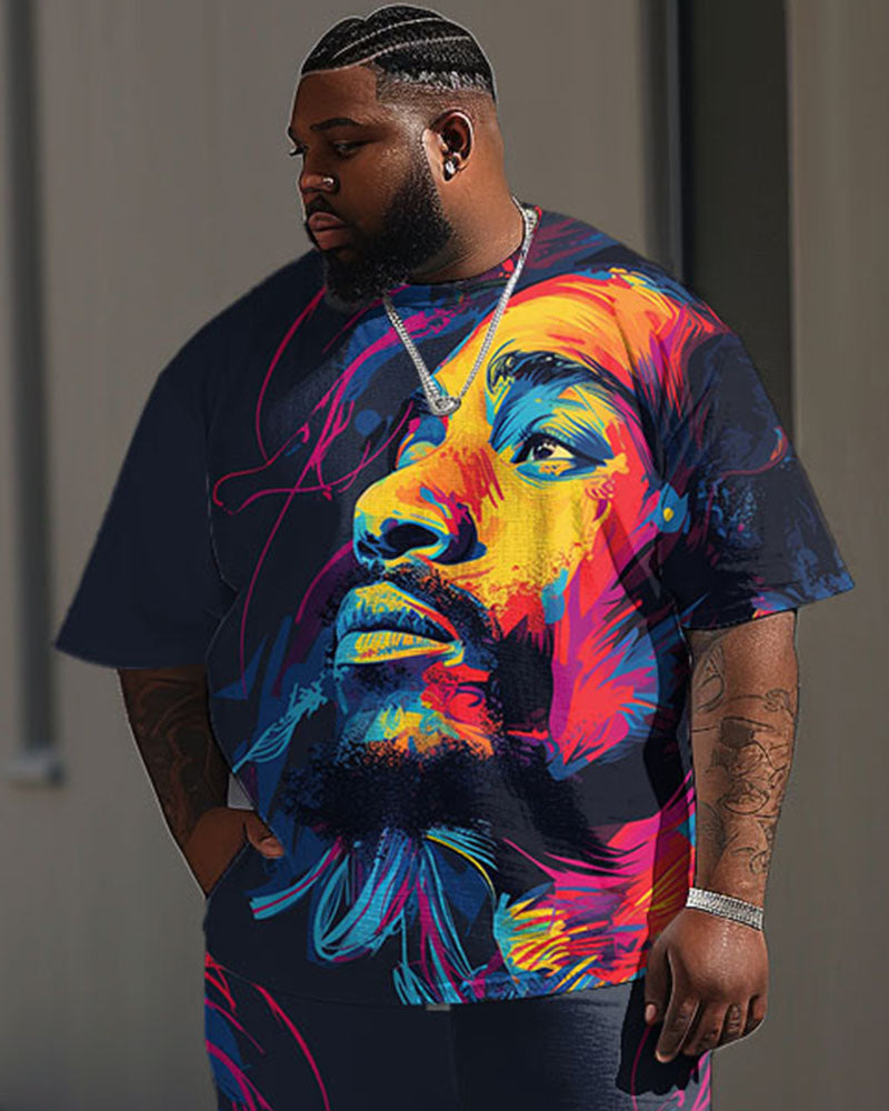 Men's Plus Size Street Fashion Abstract Graffiti Tribute Singer Print T-Shirt Trousers Suit