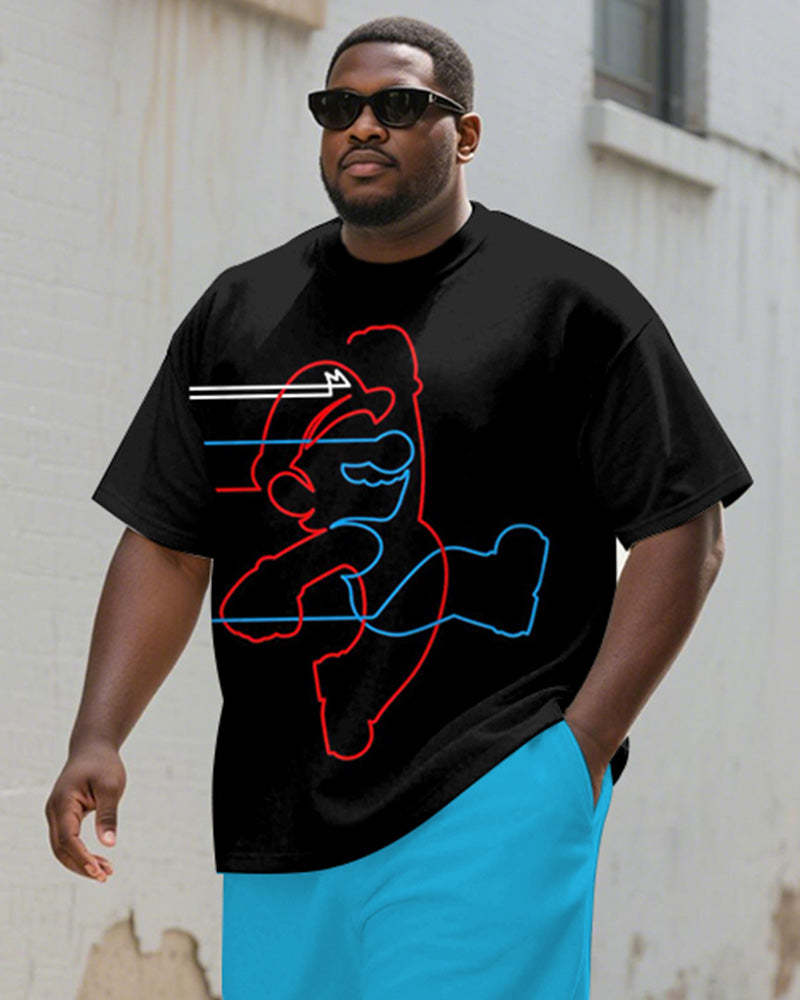 Men's Plus Size Black And Blue Line Cartoon Print Short Sleeve T-shirt Shorts Suit