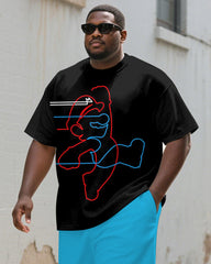 Men's Plus Size Black And Blue Line Cartoon Print Short Sleeve T-shirt Shorts Suit