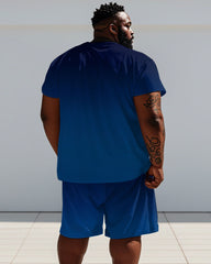 Men's Plus Size Street Blue Leopard Letter Print Short Sleeve T-Shirt Shorts Suit