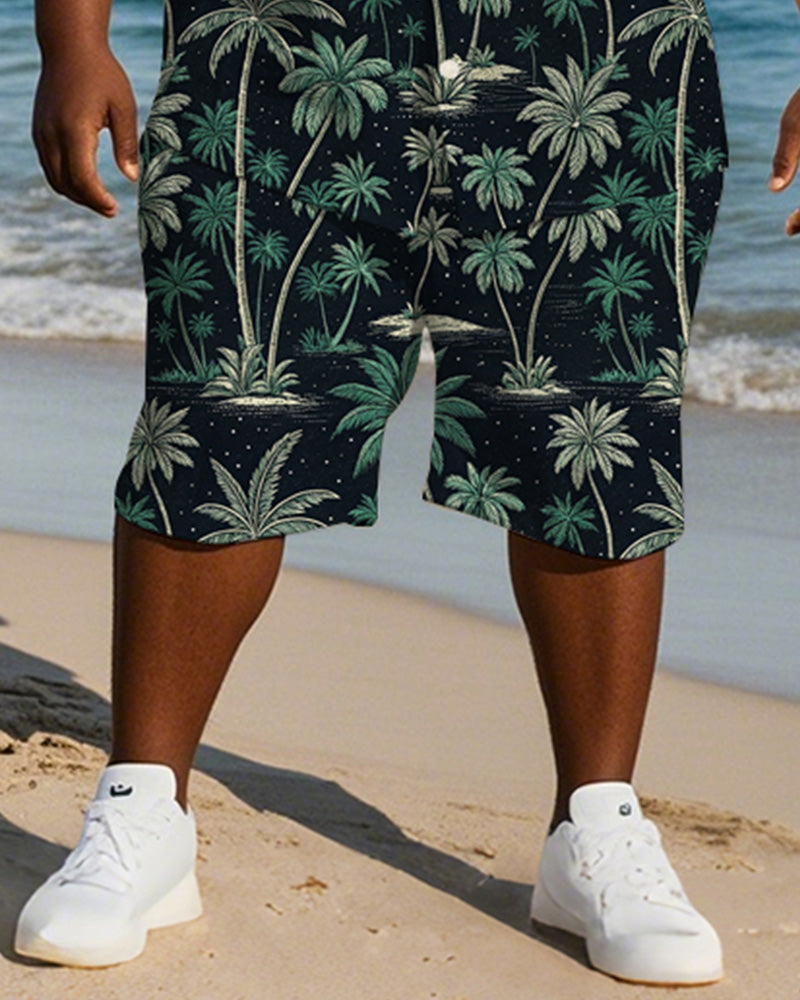 Men's Plus Size Hawaiian Hand Painted Black Green Coconut Tree Print Shirt Shorts Suit