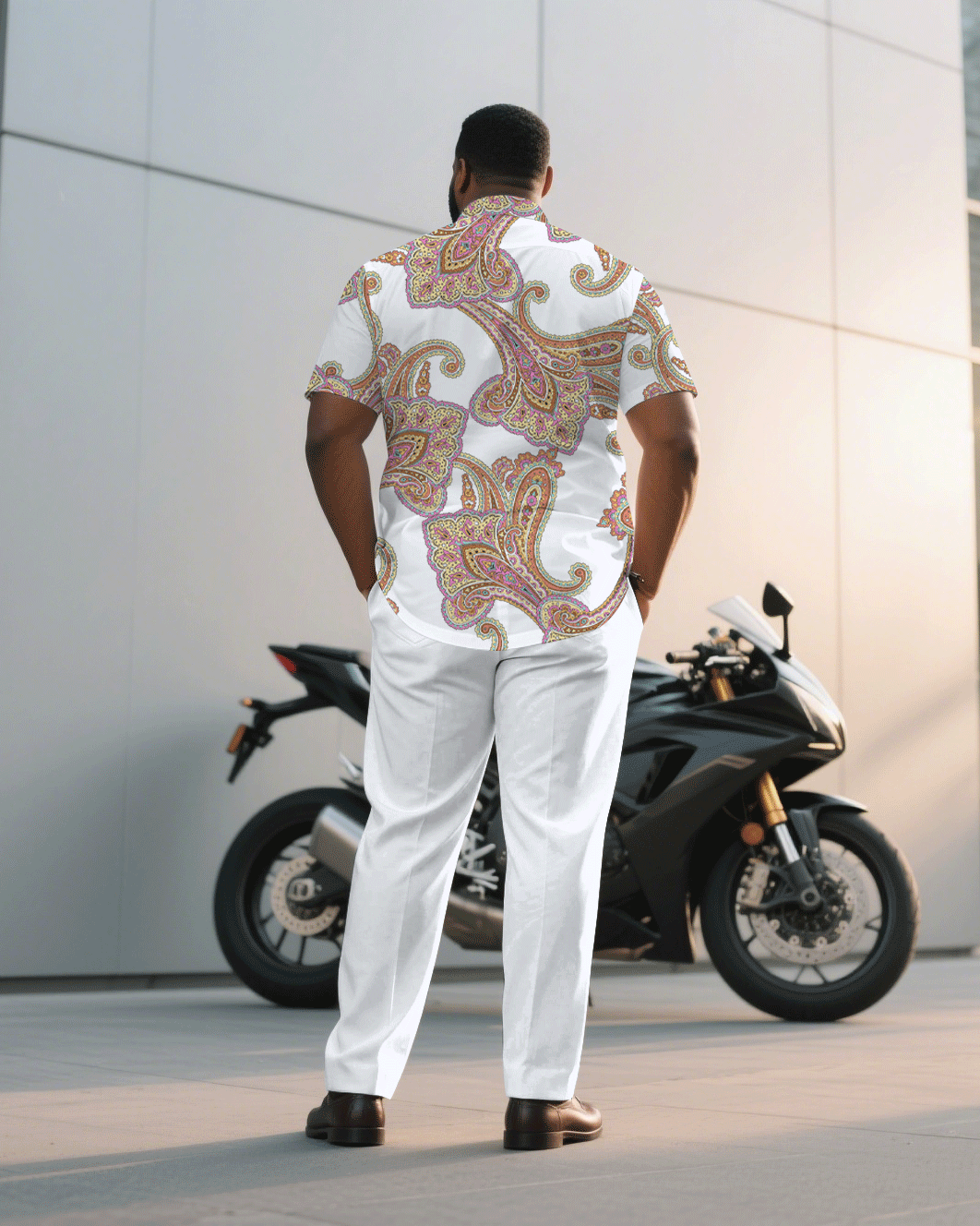 Big & Tall Men's Business Casual White Paisley Pattern Short Sleeve Shirt Pants Suit