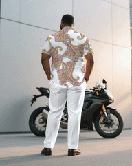Big & Tall Men's Business Casual White Paisley Pattern Short Sleeve Shirt Pants Suit
