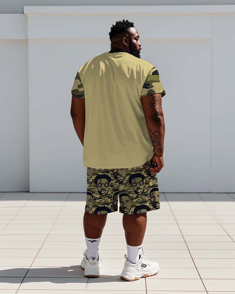 Men's Plus Size Street Fashion Camouflage Hip Hop Head Green Print T-Shirt Shorts Suit