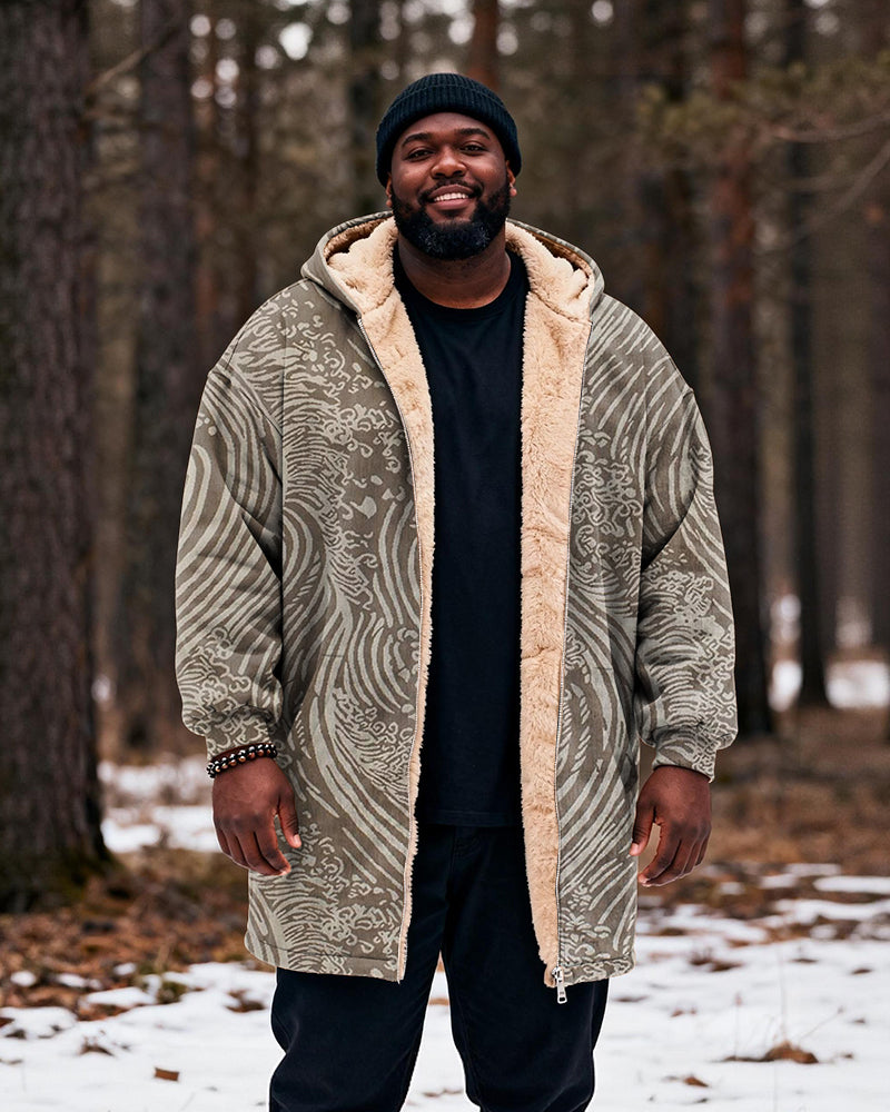 Big & Tall Men's Retro Japanese Wave Pattern Printed Velvet Padded Long Hooded Coat