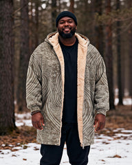 Big & Tall Men's Retro Japanese Wave Pattern Printed Velvet Padded Long Hooded Coat