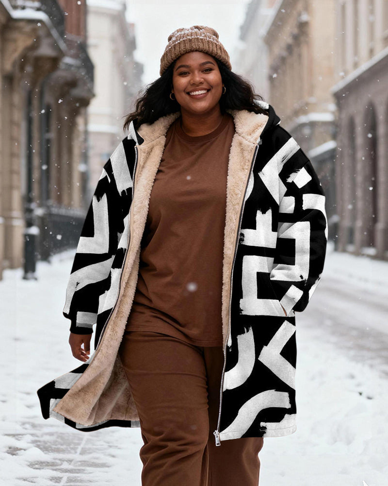 Women's Black And White Geometric Abstract Printed Velvet Thickened Long Hooded Coat