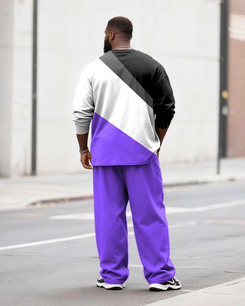 Big & Tall Men's Casual Colorblock Geometric Alphabet Print Long Sleeve T-Shirt Pants Set